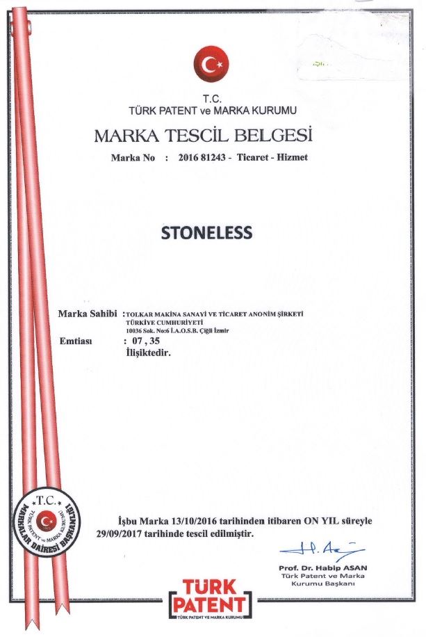 STONELESS – MARKA TESCİL BELGESİ