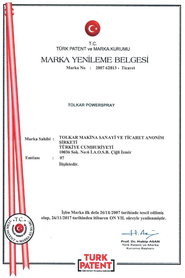 TOLKAR POWERSPRAY – TRADEMARK REGISTRATION CERTIFICATE