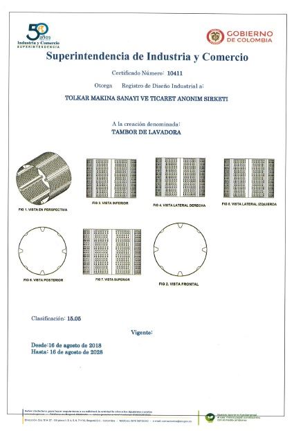 WASHING MACHINE DRUM – COLOMBIA INDUSTRIAL DESIGN REGISTRATION CERTIFICATE – Page 1
